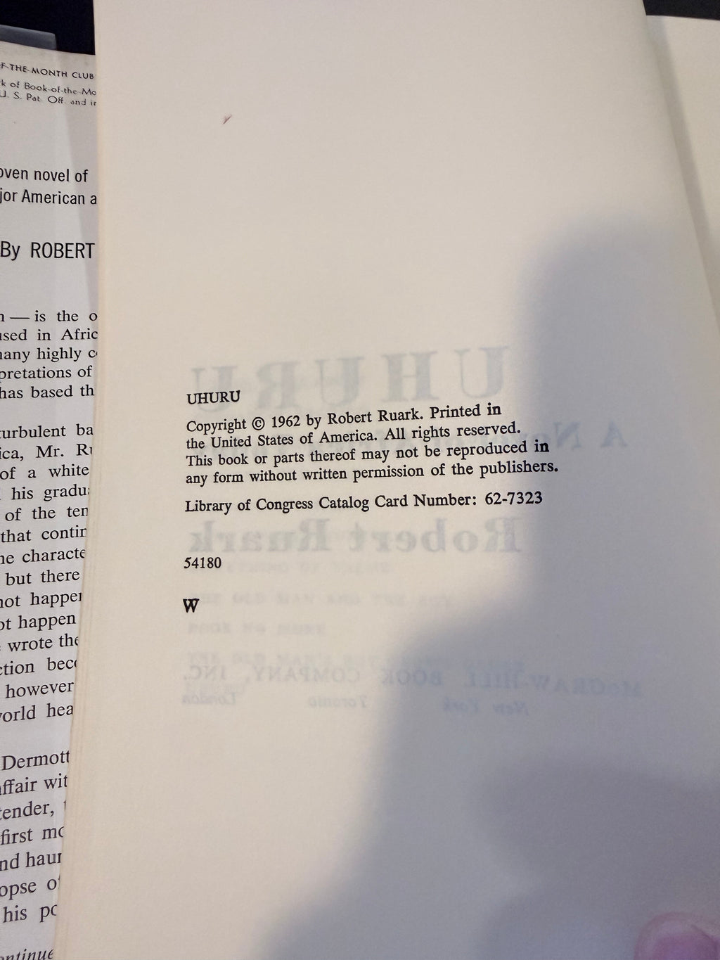 Uhuru by Robert Ruark — 1962 Book-of-the-Month Club Edition