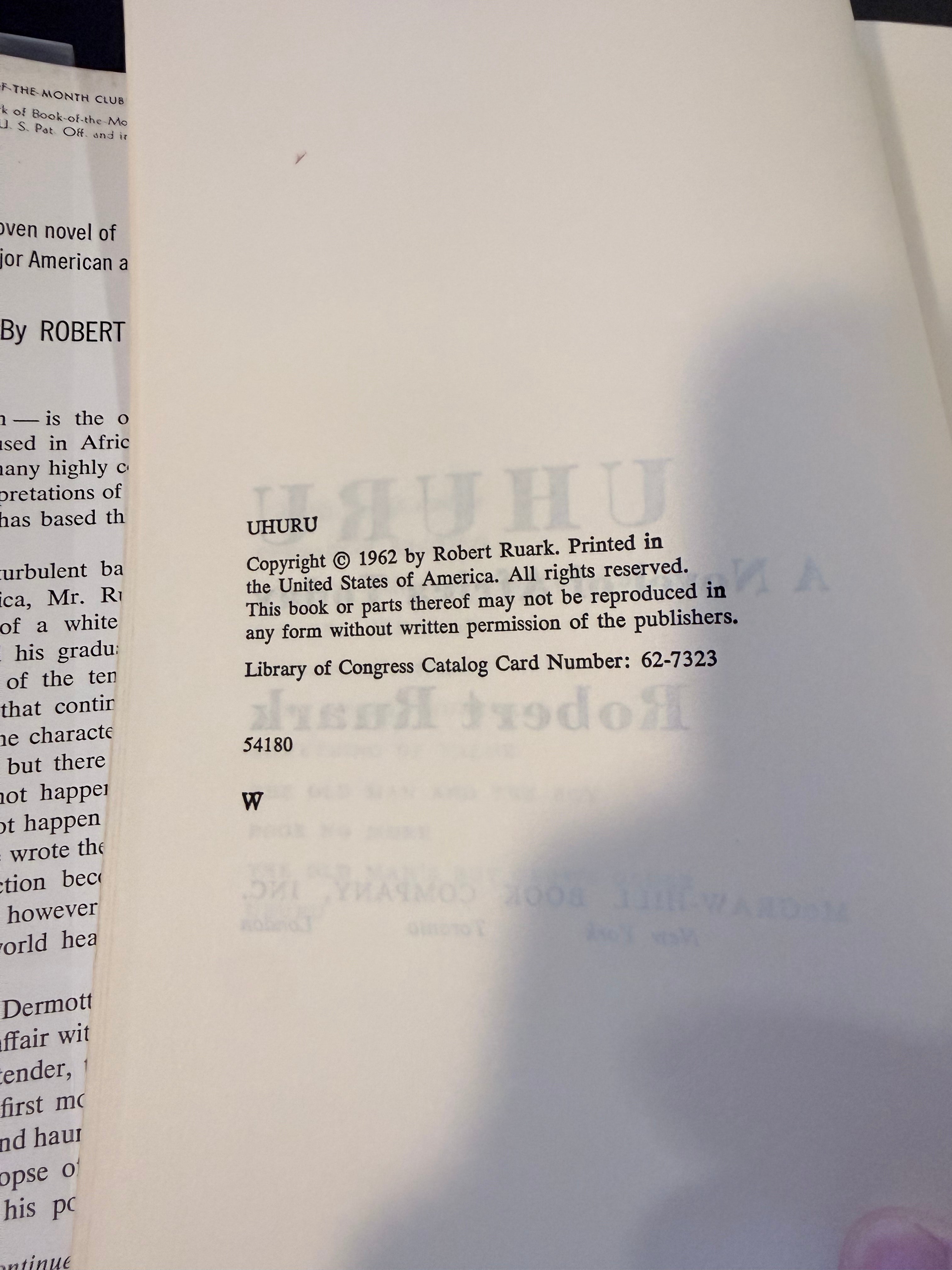 Uhuru by Robert Ruark — 1962 Book-of-the-Month Club Edition