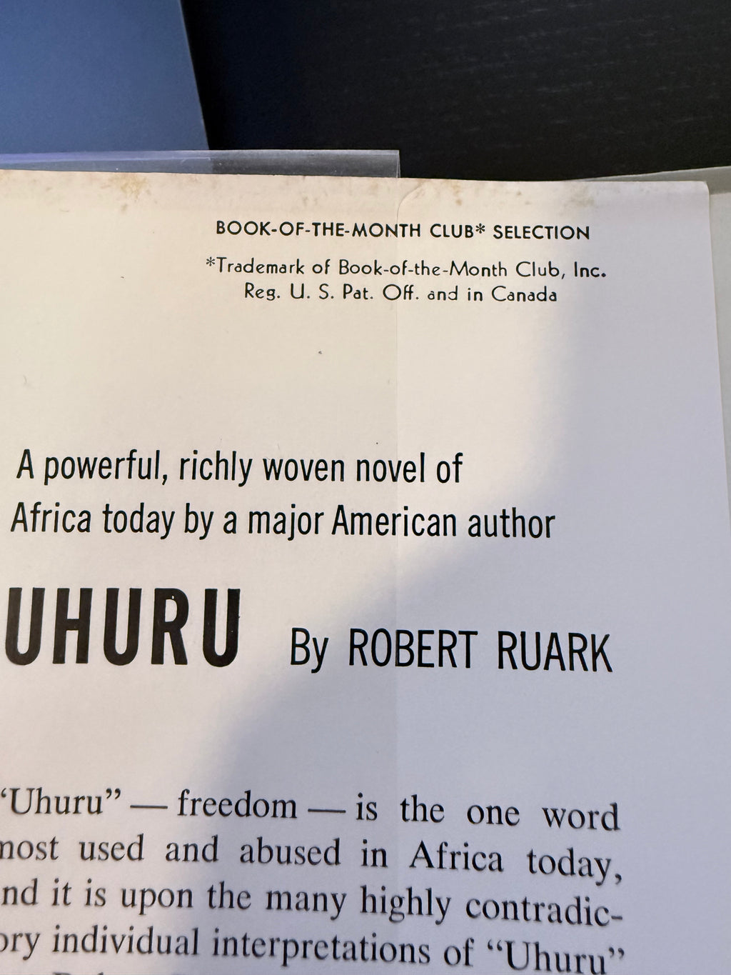 Uhuru by Robert Ruark — 1962 Book-of-the-Month Club Edition