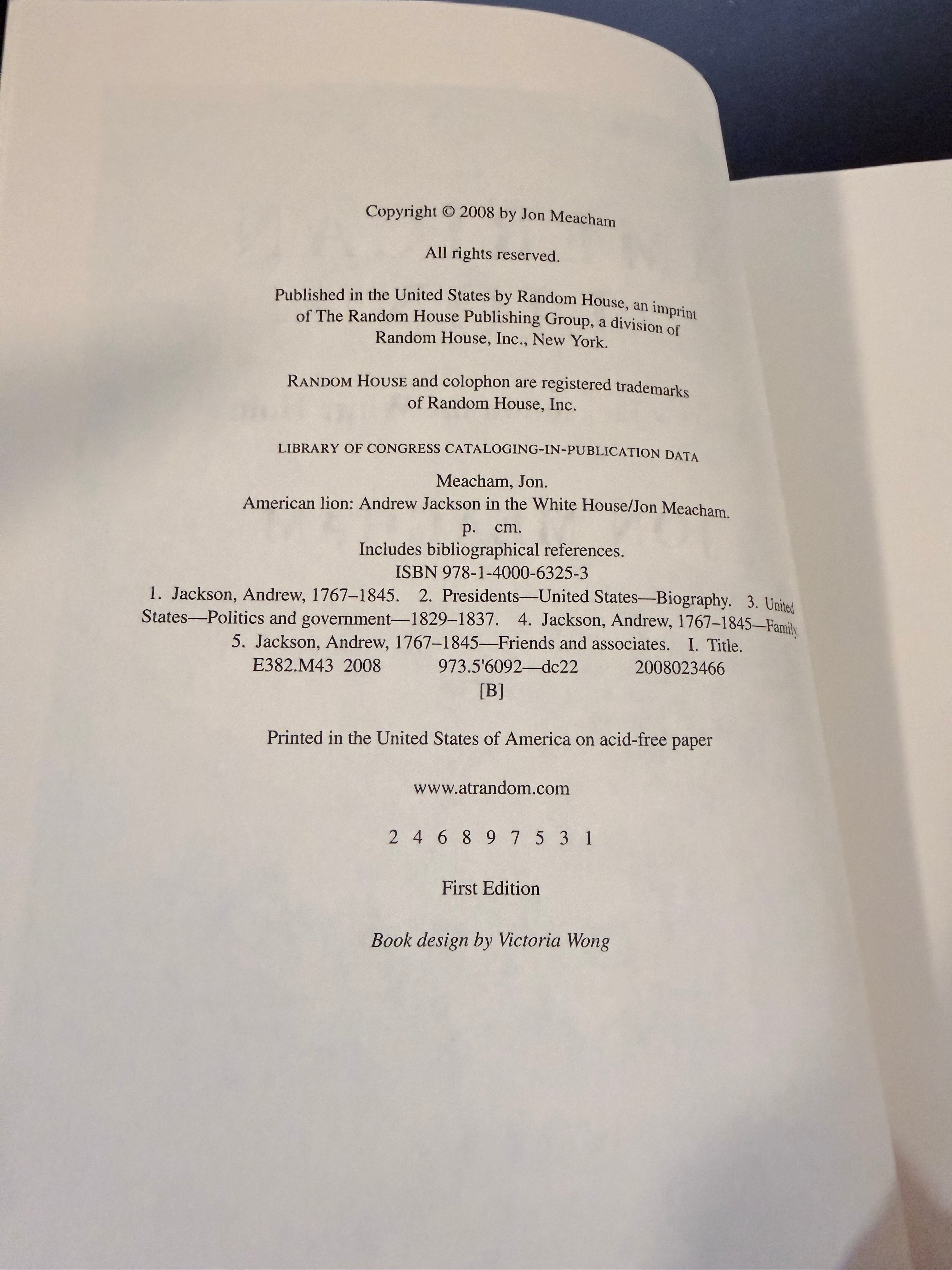 American Lion by Jon Meacham — 2008 First Edition, First Printing