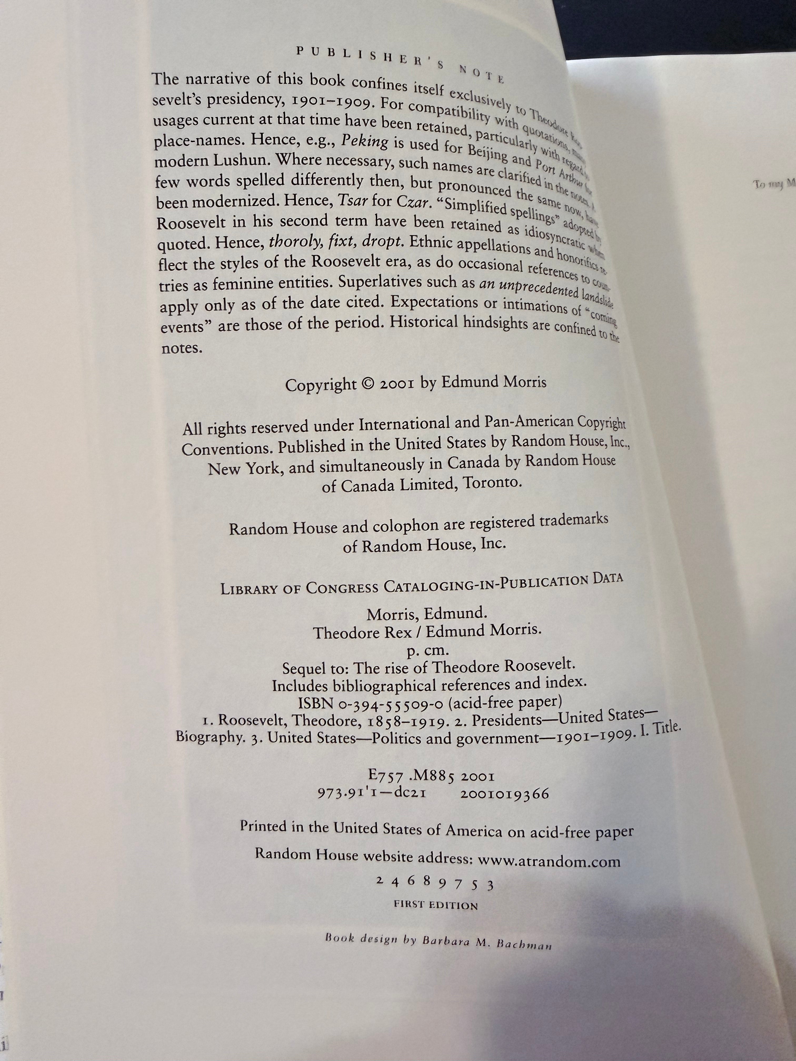Theodore Rex by Edmund Morris — 2001 First Edition, Second Printing